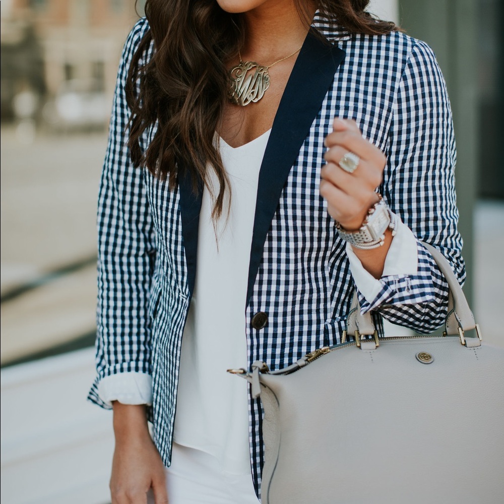 J Crew 14 Puckered Gingham Blazer Navy Lapel